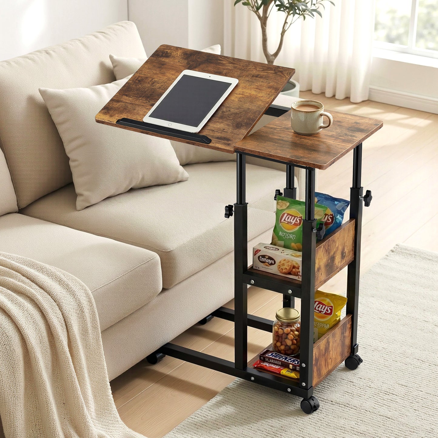 Artiss 3 Tier Adjustable Laptop Desk Tiltable Mobile Side Table Wheels