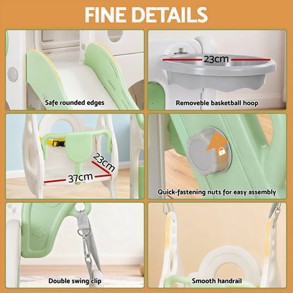 Keezi Kids Slide Swing Set Basketball Hoop Ring Football Outdoor Toys 140cm Green