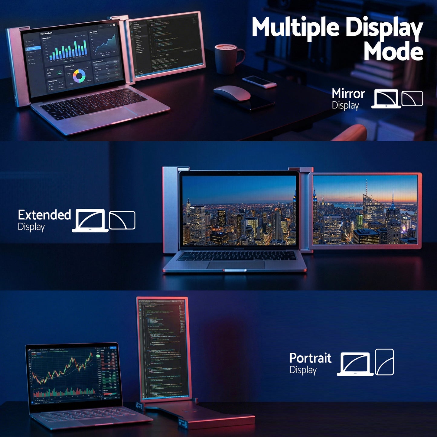 Devanti Portable Monitor Laptop Screen Extender Dual Display 1080P IPS USB C