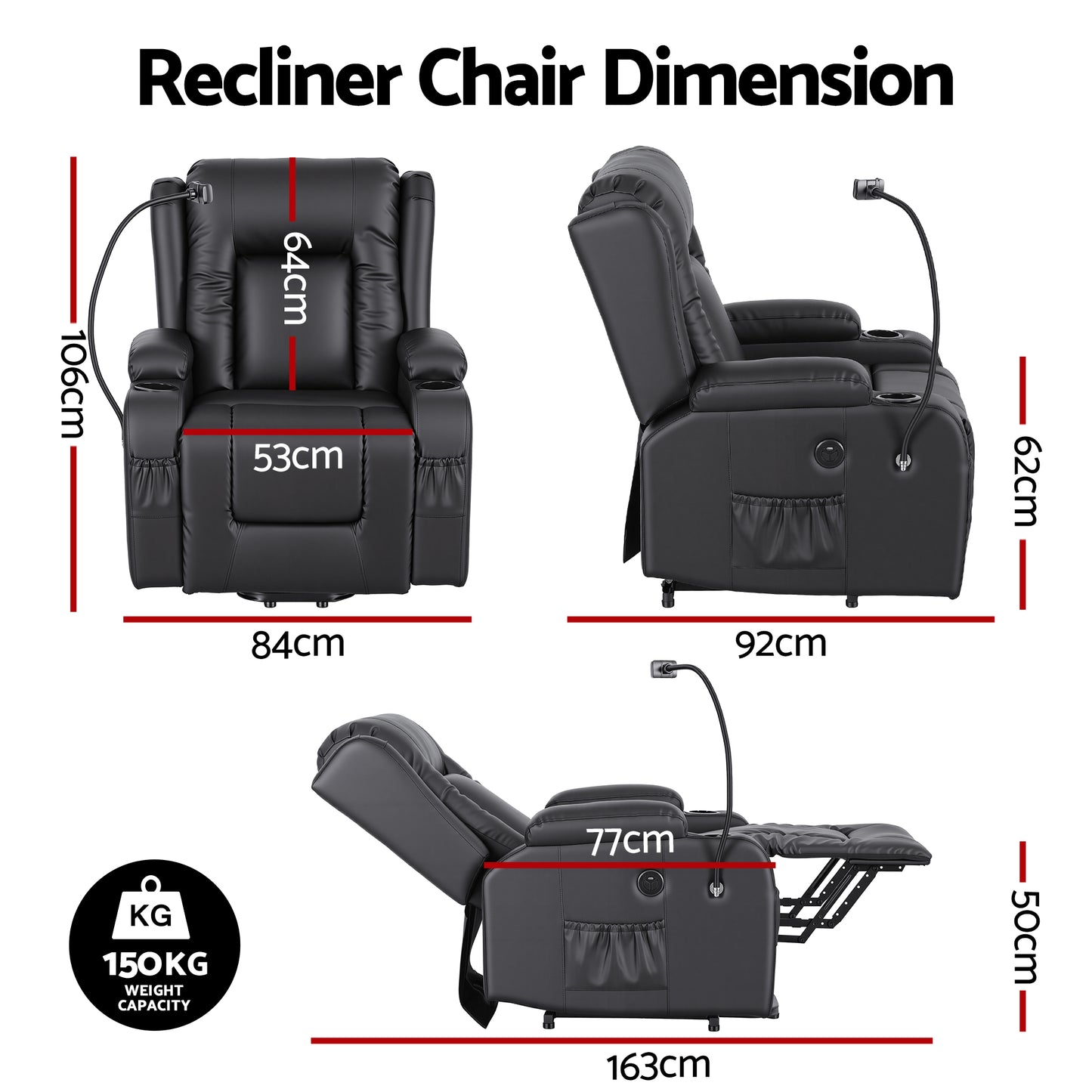 Artiss Power Lift Recliner Chair with Massage and Heat for Elderly, Electric Sofa Reclining Chair with USB and Phone Holder, PU Leather Comfy Armchair for Living Room, 2 Cup Holder & 4 Pockets, Black