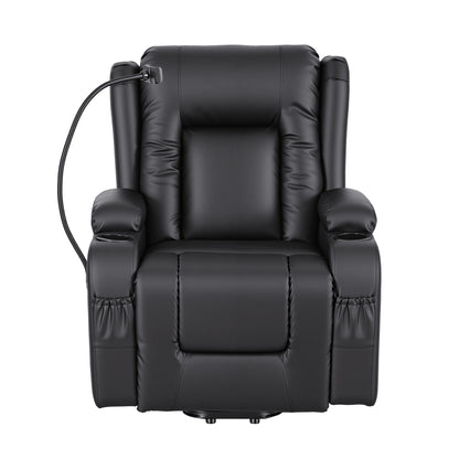 Artiss Power Lift Recliner Chair with Massage and Heat for Elderly, Electric Sofa Reclining Chair with USB and Phone Holder, PU Leather Comfy Armchair for Living Room, 2 Cup Holder & 4 Pockets, Black
