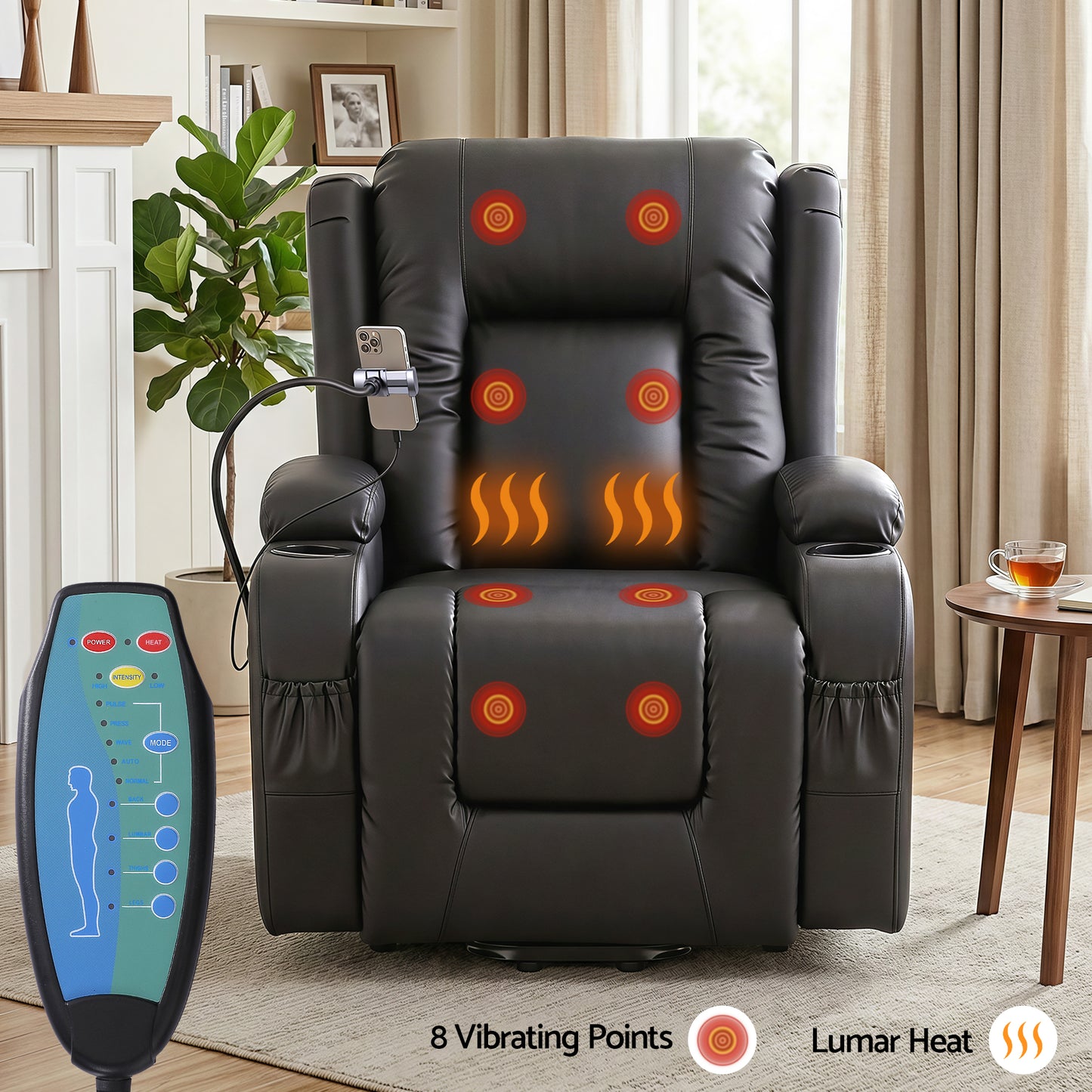 Artiss Power Lift Recliner Chair with Massage and Heat for Elderly, Electric Sofa Reclining Chair with USB and Phone Holder, PU Leather Comfy Armchair for Living Room, 2 Cup Holder & 4 Pockets, Black