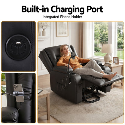 Artiss Power Lift Recliner Chair with Massage and Heat for Elderly, Electric Sofa Reclining Chair with USB and Phone Holder, PU Leather Comfy Armchair for Living Room, 2 Cup Holder & 4 Pockets, Black