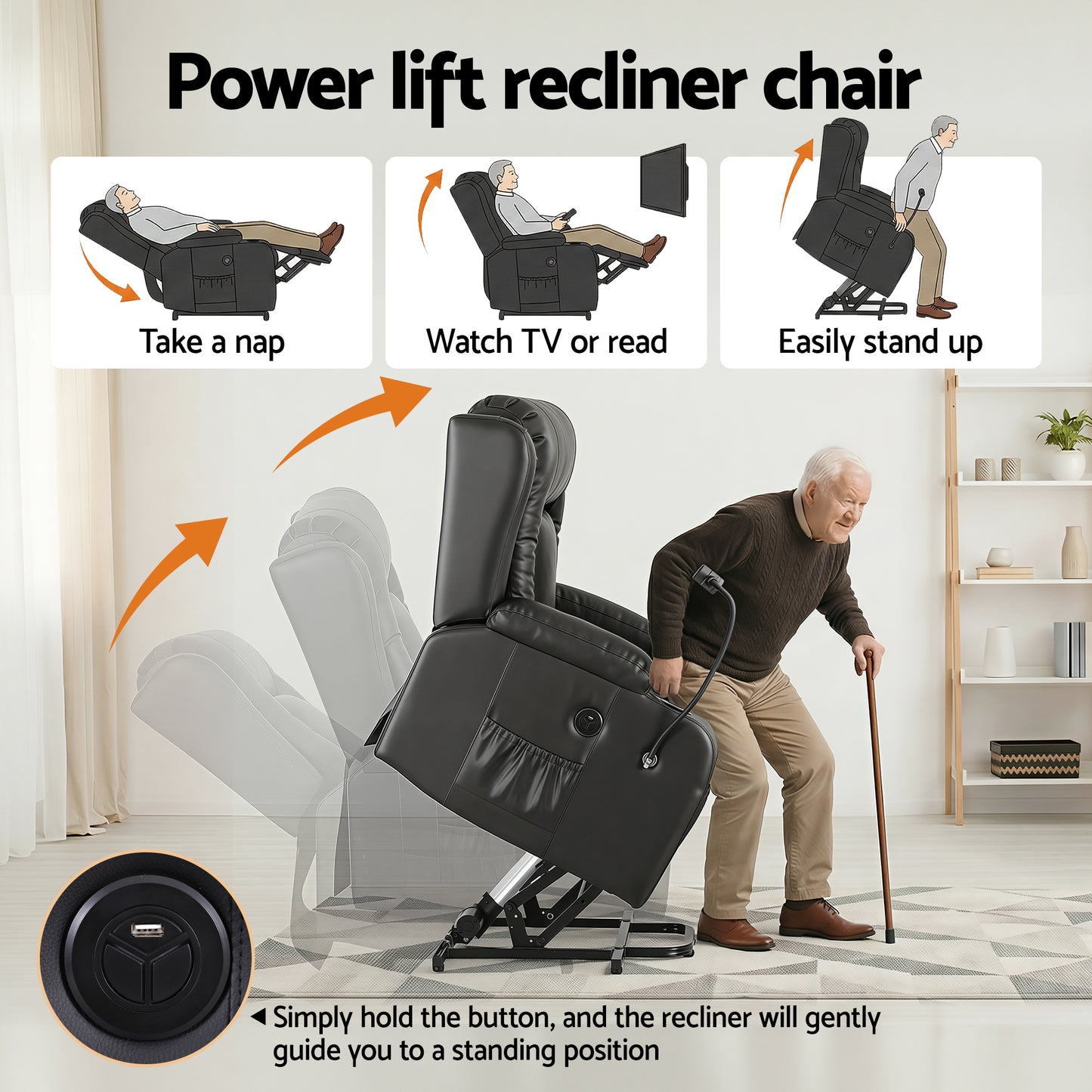 Artiss Power Lift Recliner Chair with Massage and Heat for Elderly, Electric Sofa Reclining Chair with USB and Phone Holder, PU Leather Comfy Armchair for Living Room, 2 Cup Holder & 4 Pockets, Black