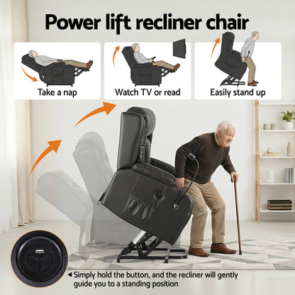 Artiss Power Lift Recliner Chair with Massage and Heat for Elderly, Electric Sofa Reclining Chair with USB and Phone Holder, PU Leather Comfy Armchair for Living Room, 2 Cup Holder & 4 Pockets, Black