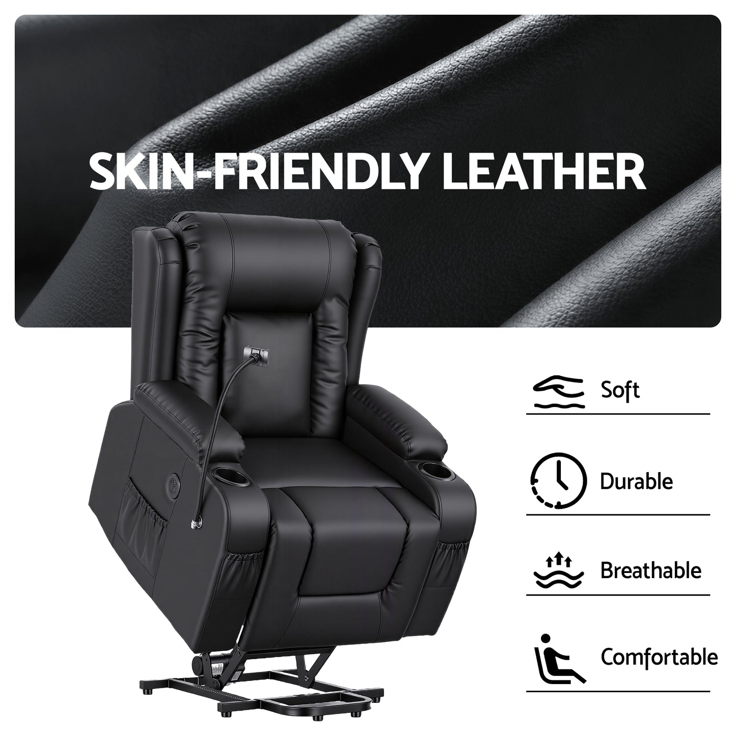 Artiss Power Lift Recliner Chair with Massage and Heat for Elderly, Electric Sofa Reclining Chair with USB and Phone Holder, PU Leather Comfy Armchair for Living Room, 2 Cup Holder & 4 Pockets, Black