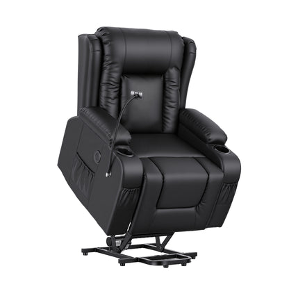 Artiss Power Lift Recliner Chair with Massage and Heat for Elderly, Electric Sofa Reclining Chair with USB and Phone Holder, PU Leather Comfy Armchair for Living Room, 2 Cup Holder & 4 Pockets, Black