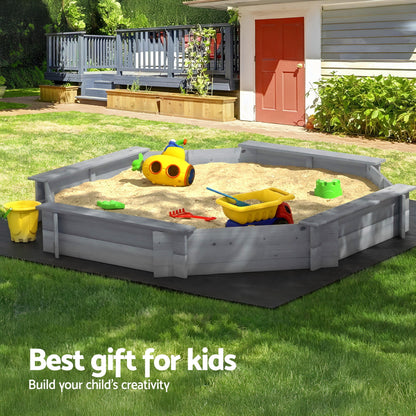 Keezi Kids Sandpit Wooden Round Sand Pit with Cover Bench Seat Beach Toys 182cm Grey