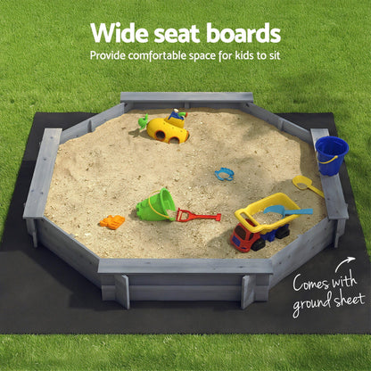 Keezi Kids Sandpit Wooden Round Sand Pit with Cover Bench Seat Beach Toys 182cm Grey