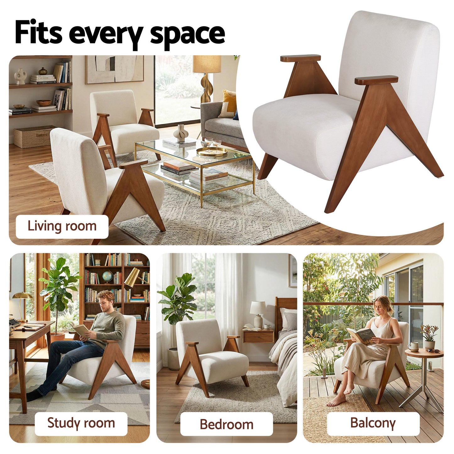 Artiss Armchair Accent Chair Sturdy Upholstered Solid Wood Chenille Fabric White