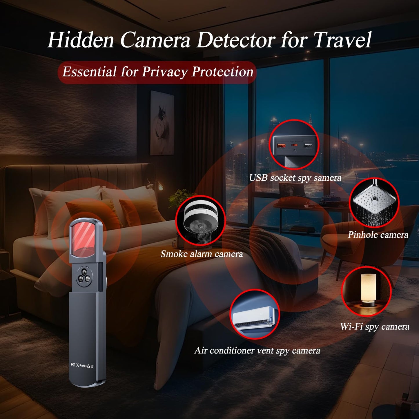 Multi-Function Hidden Camera Detector with GPS Tracker Finder – Portable Anti-Spy Device for Hotel, Car, Travel Privacy Protection, LED Scanner & Vibration Alarm (Black)