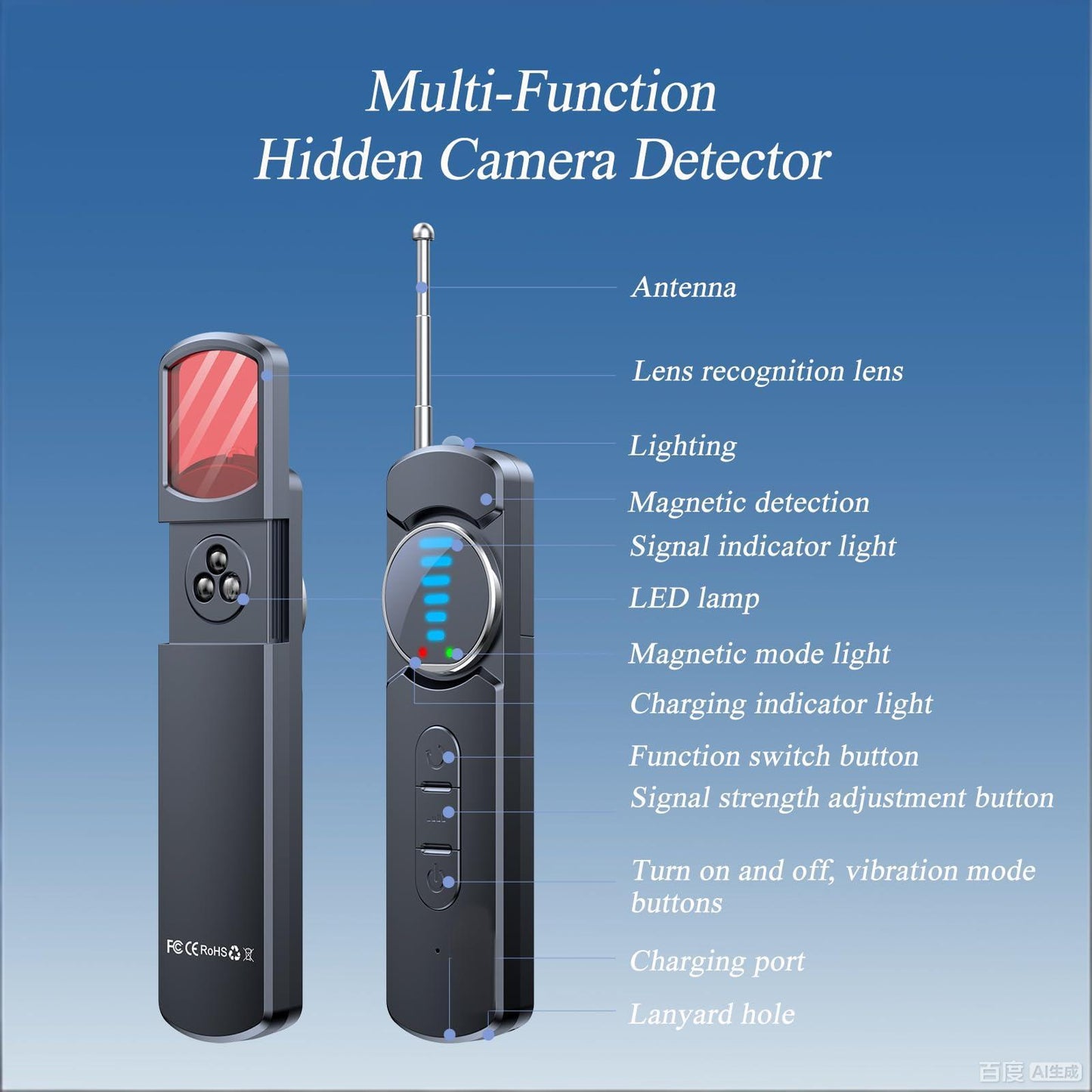 Multi-Function Hidden Camera Detector with GPS Tracker Finder – Portable Anti-Spy Device for Hotel, Car, Travel Privacy Protection, LED Scanner & Vibration Alarm (Black)