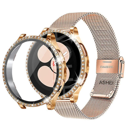 Mesh Loop Stainless Steel Strap Bling Case Gold Set Compatible withSamsung Galaxy Watch 4 5 6 40mm 44mm