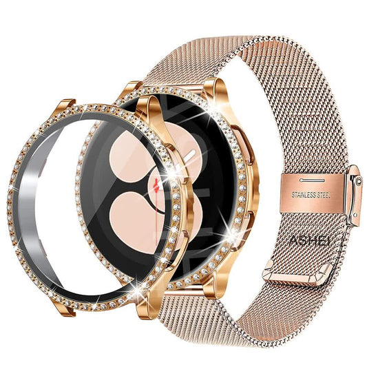 Mesh Loop Stainless Steel Strap Bling Case Gold Set Compatible withSamsung Galaxy Watch 4 5 6 40mm 44mm