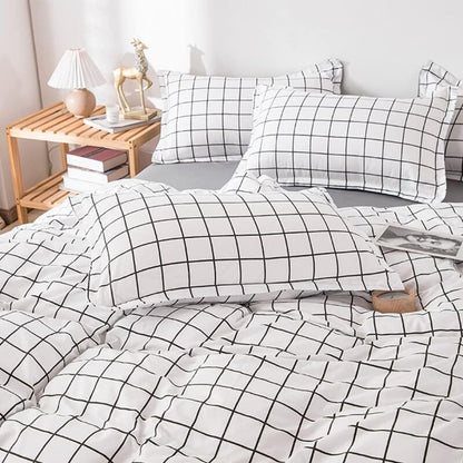 Duvet Cover 200X230 Checkered - Reversible Microfiber Bedding Set White And Grey With Zipper - Adult Bed Linen 2