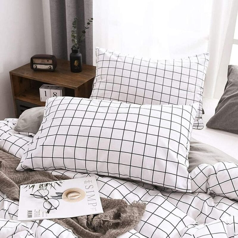 Duvet Cover 200X230 Checkered - Reversible Microfiber Bedding Set White And Grey With Zipper - Adult Bed Linen 2