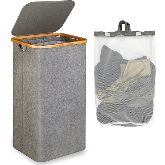 Large Laundry Basket With Lid, 100L Dirty Basket With Bamboo Handles For Clothes, Laundry Basket Xxl Foldable With