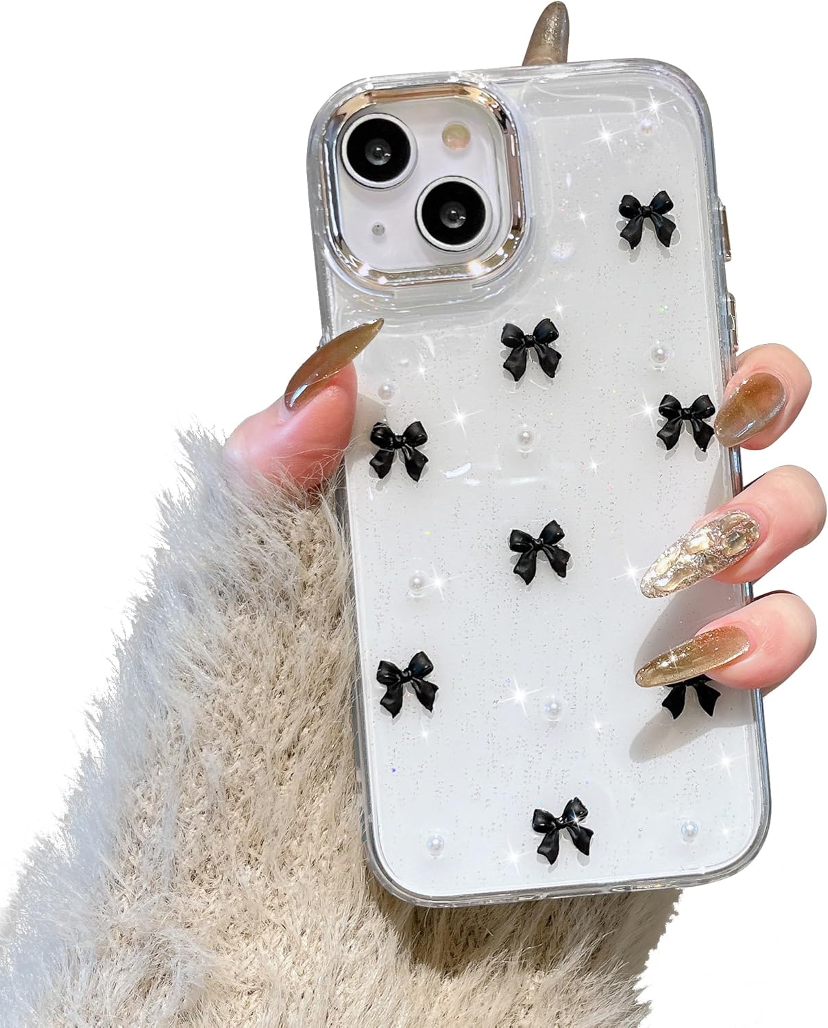 Compatible with iPhone 15 Plus, Bling Glitter 3D Bowknot Phone Case Cute Sparkly Crystal Clear Bowknot Slim Soft Durable Protective Case Black iPhone 15 Plus
