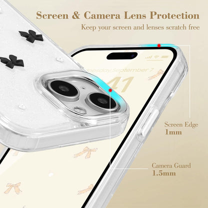 Compatible with iPhone 15 Plus, Bling Glitter 3D Bowknot Phone Case Cute Sparkly Crystal Clear Bowknot Slim Soft Durable Protective Case Black iPhone 15 Plus