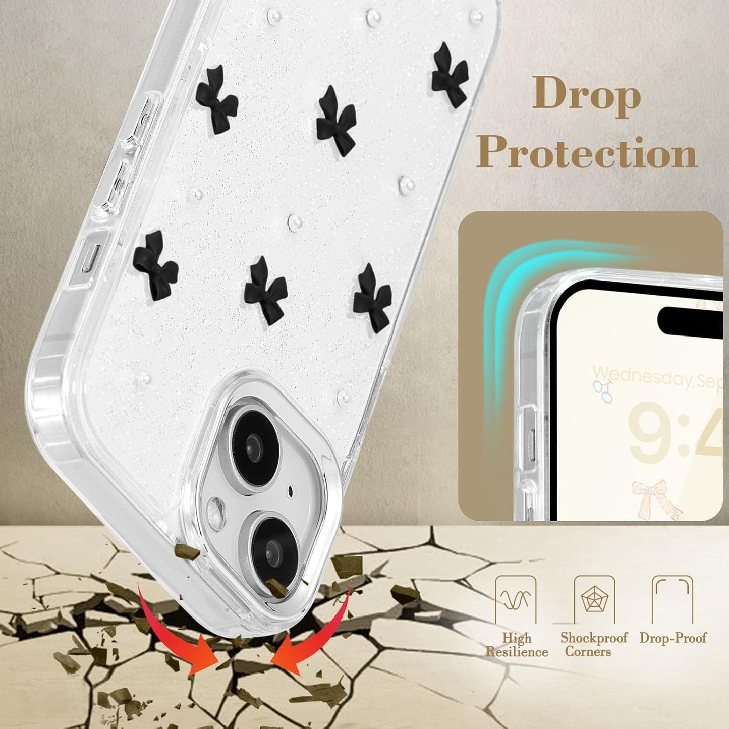 Compatible with iPhone 15 Plus, Bling Glitter 3D Bowknot Phone Case Cute Sparkly Crystal Clear Bowknot Slim Soft Durable Protective Case Black iPhone 15 Plus