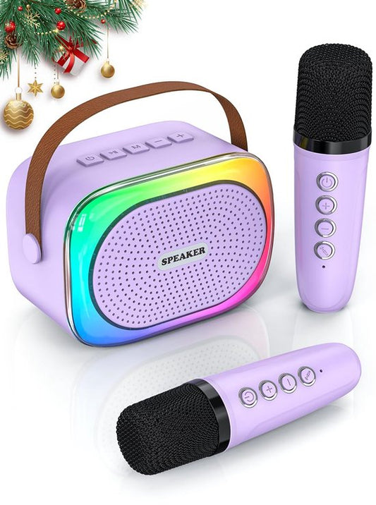 Karaoke set for kids - Portable Bluetooth speaker for car - Equipped with 2 karaoke microphones - Voice changer and LED lights - Ideal birthday gift for teenagers and children - Purple