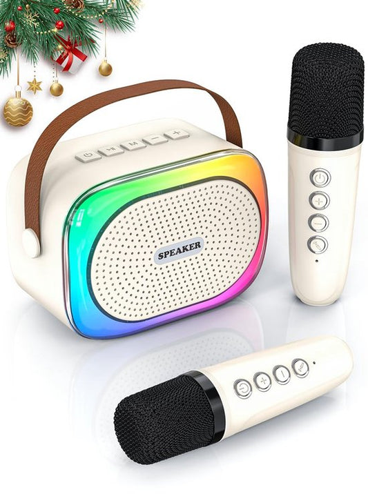 Karaoke set for kids - Portable Bluetooth speaker for car - Equipped with 2 karaoke microphones - Voice changer and LED lights - Ideal birthday gift for teenagers and children - Off-white