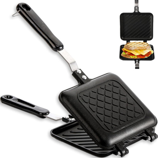Sandwich Iron - Sandwich Maker - Grill Pan - Camping Sandwich Iron - Panini Grill - Frying Pan - Gas Stove Pan - Double-Sided Pan - Non-Stick Coating - Sandwich Clamp - Manual Toaster - Toaster - Breakfast Making - Kitchen - Black - 1 Piece