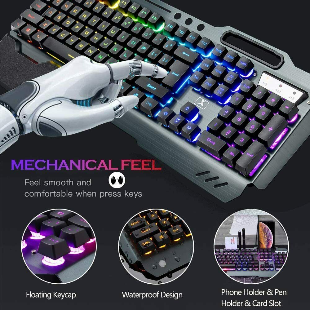 104 Keys Wireless Gaming Keyboard Mouse Set+Mouse Pad, RGB LED Backlit PC/Laptop Black-RGB