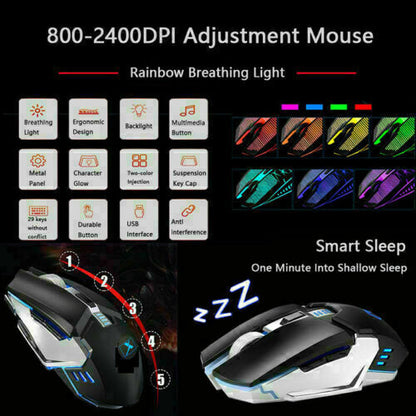 104 Keys Wireless Gaming Keyboard Mouse Set+Mouse Pad, RGB LED Backlit PC/Laptop Black-RGB