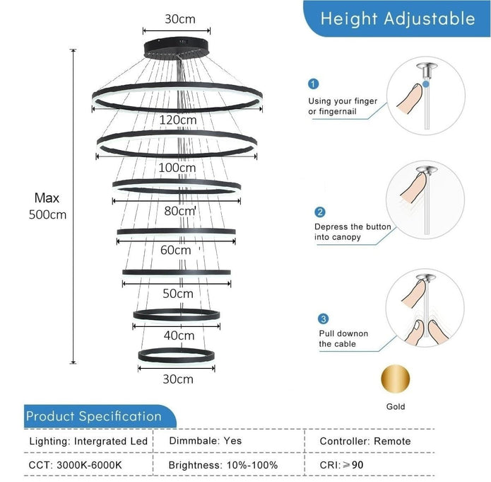 BAMDECOR A18815 Nordic Home Decor Dining Room Pendant lamp lights Ceiling Lamp Hanging Light Chandelier Lamps (7 Rings-Black)