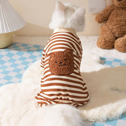 Cute Bear Striped Dog Home Clothes Cat Pet Outfit Cozy Animal Pajamas for Pets - Brown - S