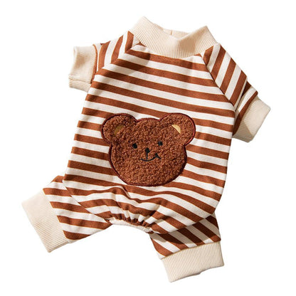 Cute Bear Striped Dog Home Clothes Cat Pet Outfit Cozy Animal Pajamas for Pets - Brown - S