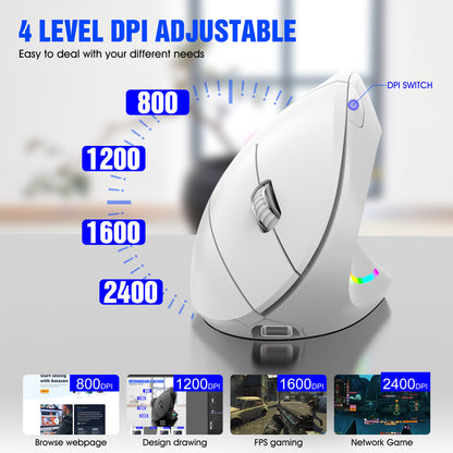 Ergonomic Vertical Wireless Mouse - 2.4G/Bluetooth, Rechargeable, RGB Light, 4 DPI Levels(white)