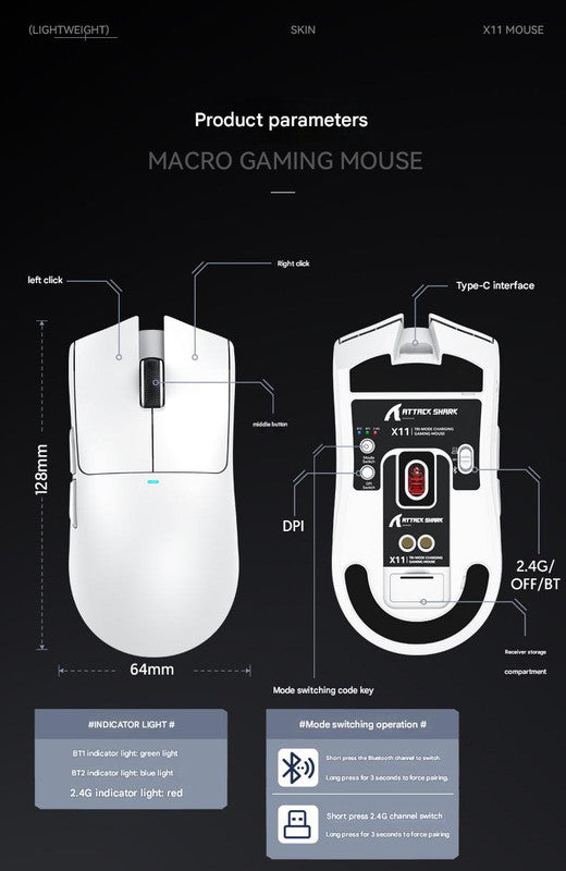 High-Performance Tri-Mode Wireless Gaming Mouse - 22000 DPI, Rechargeable, with RGB Charging Dock(white)