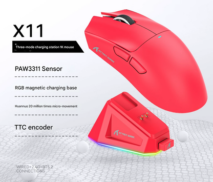 High-Performance Tri-Mode Wireless Gaming Mouse - 22000 DPI, Rechargeable, with RGB Charging Dock(red)