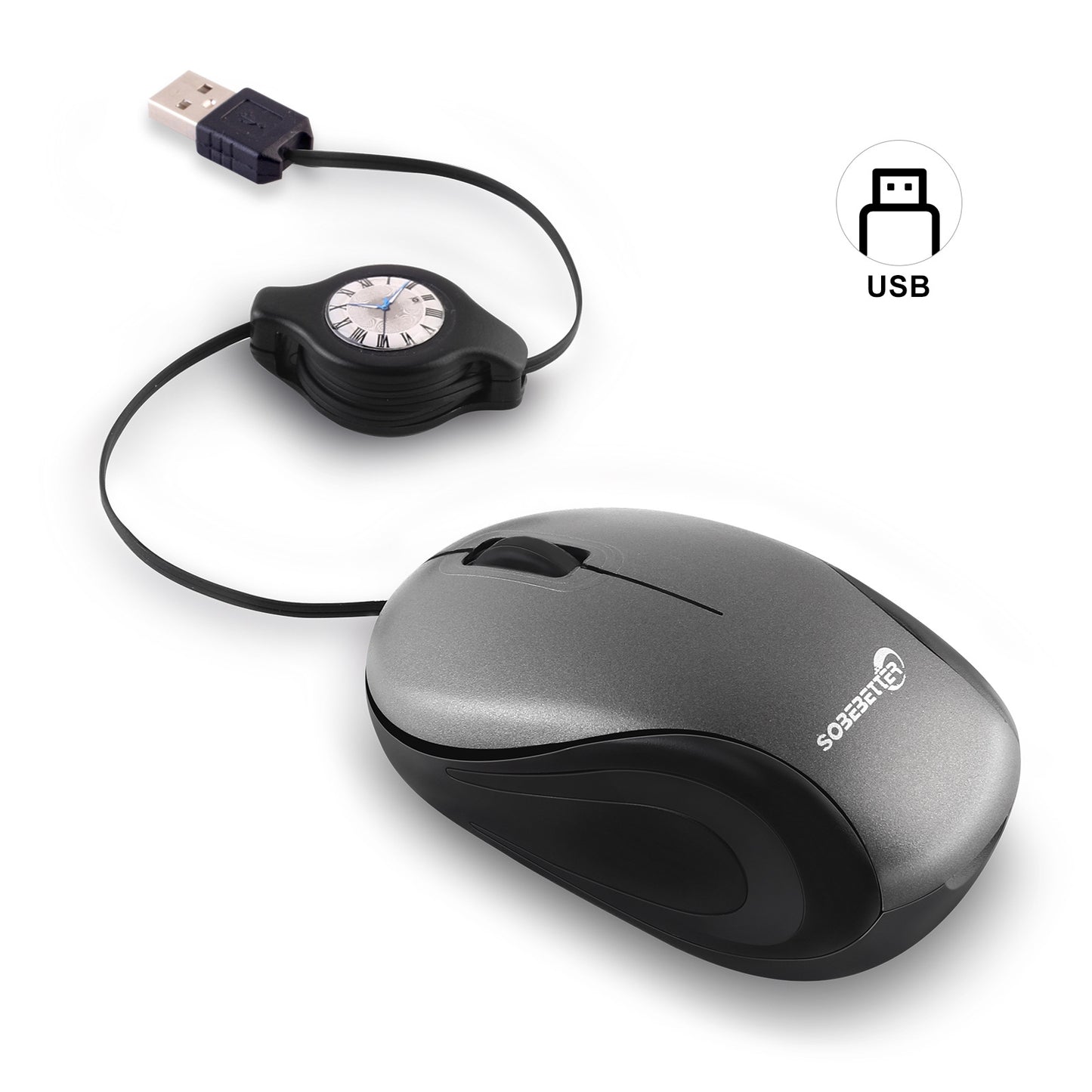 Grey and Black Portable Mini USB Mouse with Retractable Cable - Compact Travel Mouse for PC and Laptop