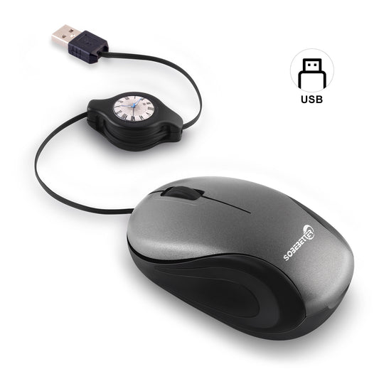 Grey and Black Portable Mini USB Mouse with Retractable Cable - Compact Travel Mouse for PC and Laptop