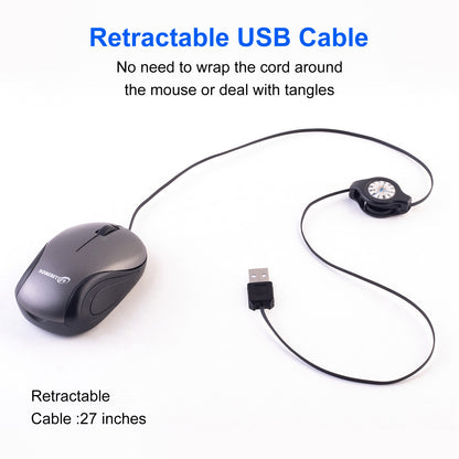 Grey and Black Portable Mini USB Mouse with Retractable Cable - Compact Travel Mouse for PC and Laptop