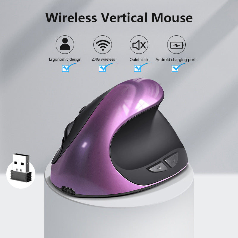 Purple 3rd Gen Vertical Wireless Mouse with USB-C Charging - Ergonomic 2.4G Silent Click Design for Office and Laptop Use