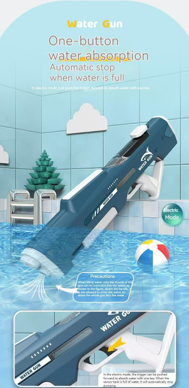 Electric Water Gun Auto Refill 43cm High Pressure Blaster Toy Rechargeable Squirt Soaker for Kids & Adults Blue