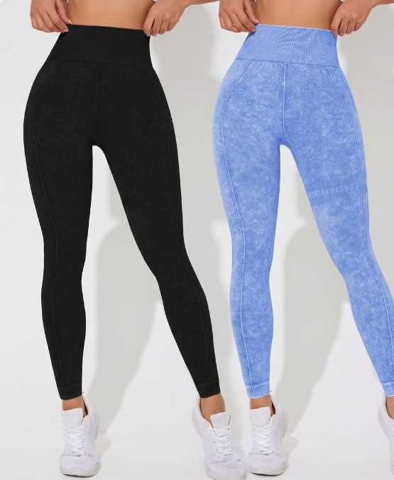 Seamless High Waisted Yoga Leggings 2 PCS Solid Black and Sand Washed Blue Size M Moisture Wicking Activewear