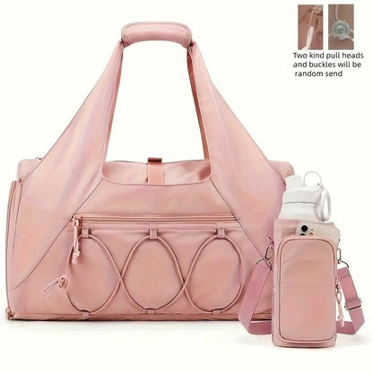 Pink High-Capacity Yoga Gym Duffel Set with Bonus Bottle Phone Pouch, Separate Shoe Compartment & Yoga Mat Strap
