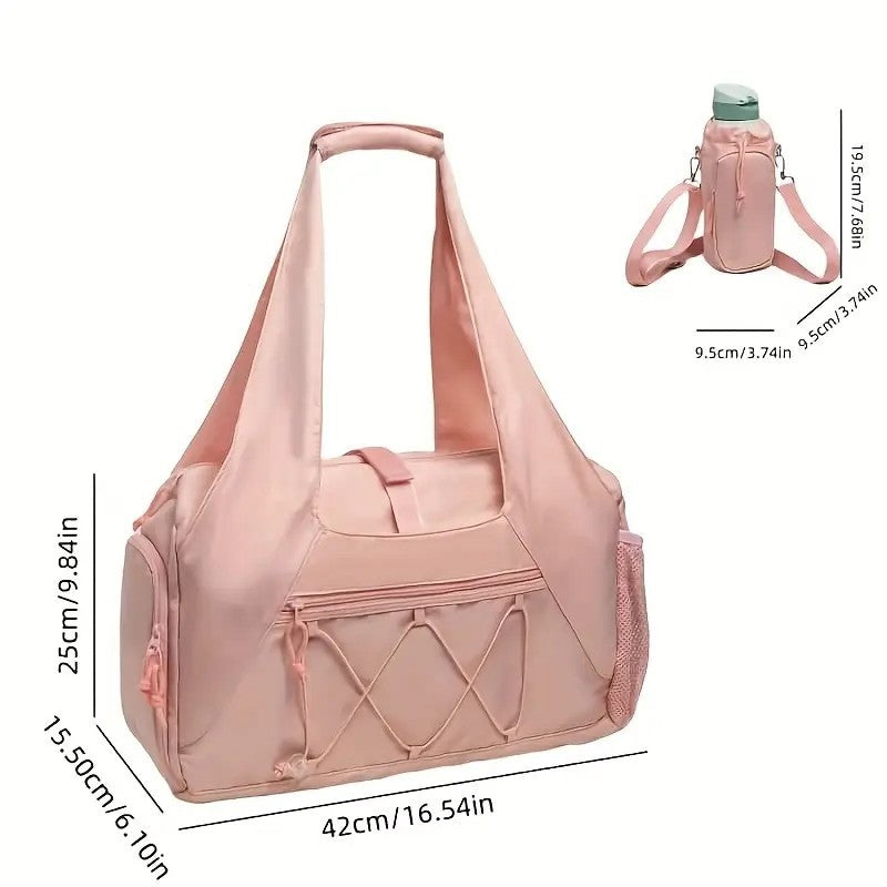 Pink High-Capacity Yoga Gym Duffel Set with Bonus Bottle Phone Pouch, Separate Shoe Compartment & Yoga Mat Strap