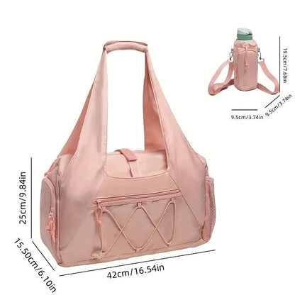 Pink High-Capacity Yoga Gym Duffel Set with Bonus Bottle Phone Pouch, Separate Shoe Compartment & Yoga Mat Strap