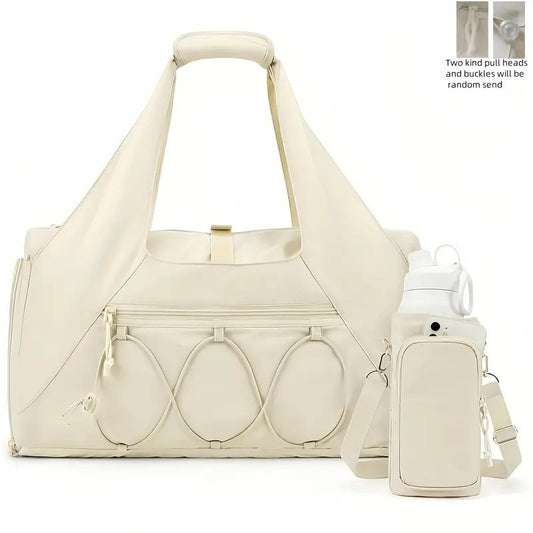White High-Capacity Yoga Gym Duffel Set with Bonus Bottle Phone Pouch, Separate Shoe Compartment & Yoga Mat Strap