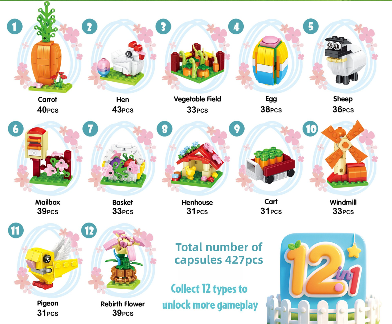 12-in-1 Easter Hen Ranch Creative Building Block Set (427PCS) - Cute Animal Small Particle Bricks