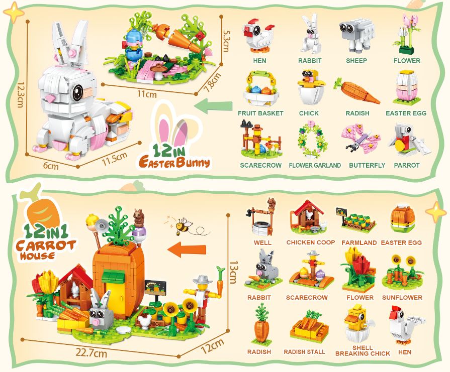 24-in-1 Easter Bunny Carrot Manor Blind Box Creative Building Block Set (758PCS) - Cute Animal Small Particle Bricks