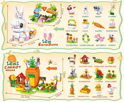 24-in-1 Easter Bunny Carrot Manor Blind Box Creative Building Block Set (758PCS) - Cute Animal Small Particle Bricks