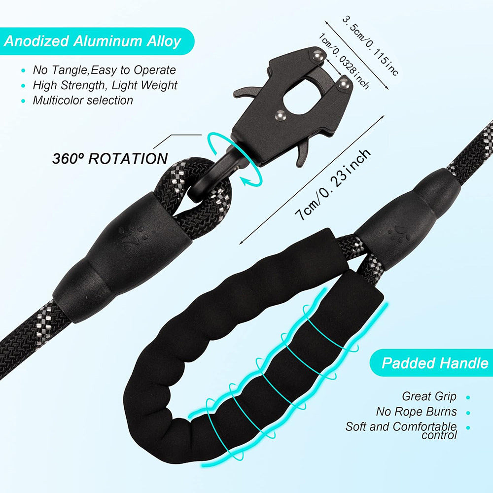 Grey High Strength Nylon Rope Dog Leash | 1.5M Heavy Duty Lead with Anodized Frog Clip | Padded Comfort Handle for Training