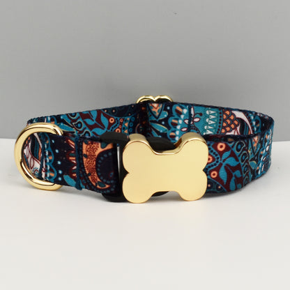 M Blue Print Patterned Dog Collar with Gold Metal Bone Buckle Adjustable Tribal & Leopard Print Neck Strap for Puppies & Dogs